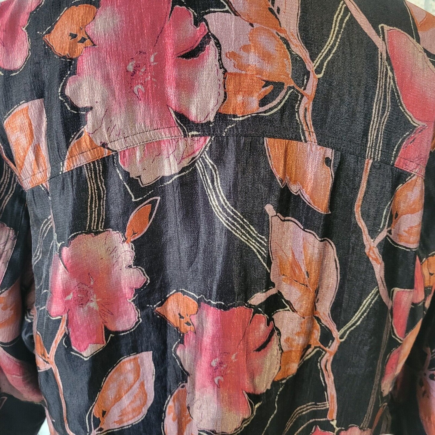 Scott Taylor Womens Top 1X 3/4 Sleeve Black Pink Floral Button Up Lightweight