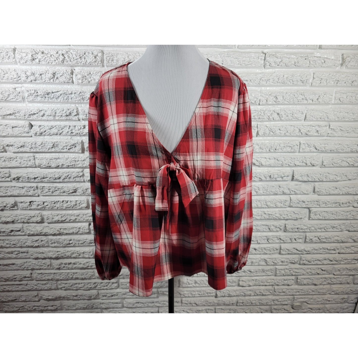 Shein Womens Top 3XL Plus Long Sleeve Red Plaid Pullover Casual Poly Blend
