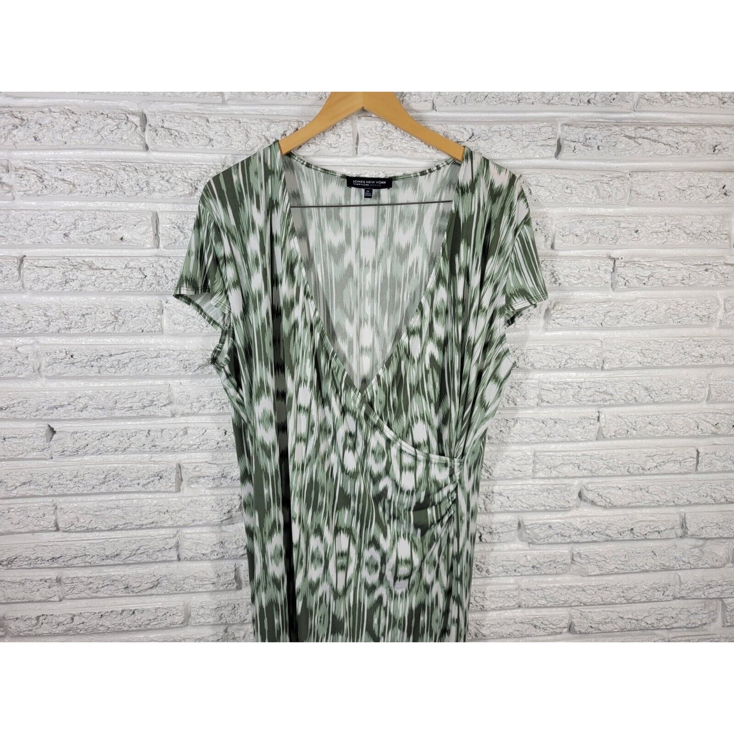 Jones New York Womens Dress 2X Faux WrapGreen Watercolor Cap Sleeve Poly Blend