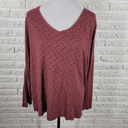 Croft & Barrow Women's 1X Plus Brown Red Geometric V-Neck Long Sleeve T-Shirt