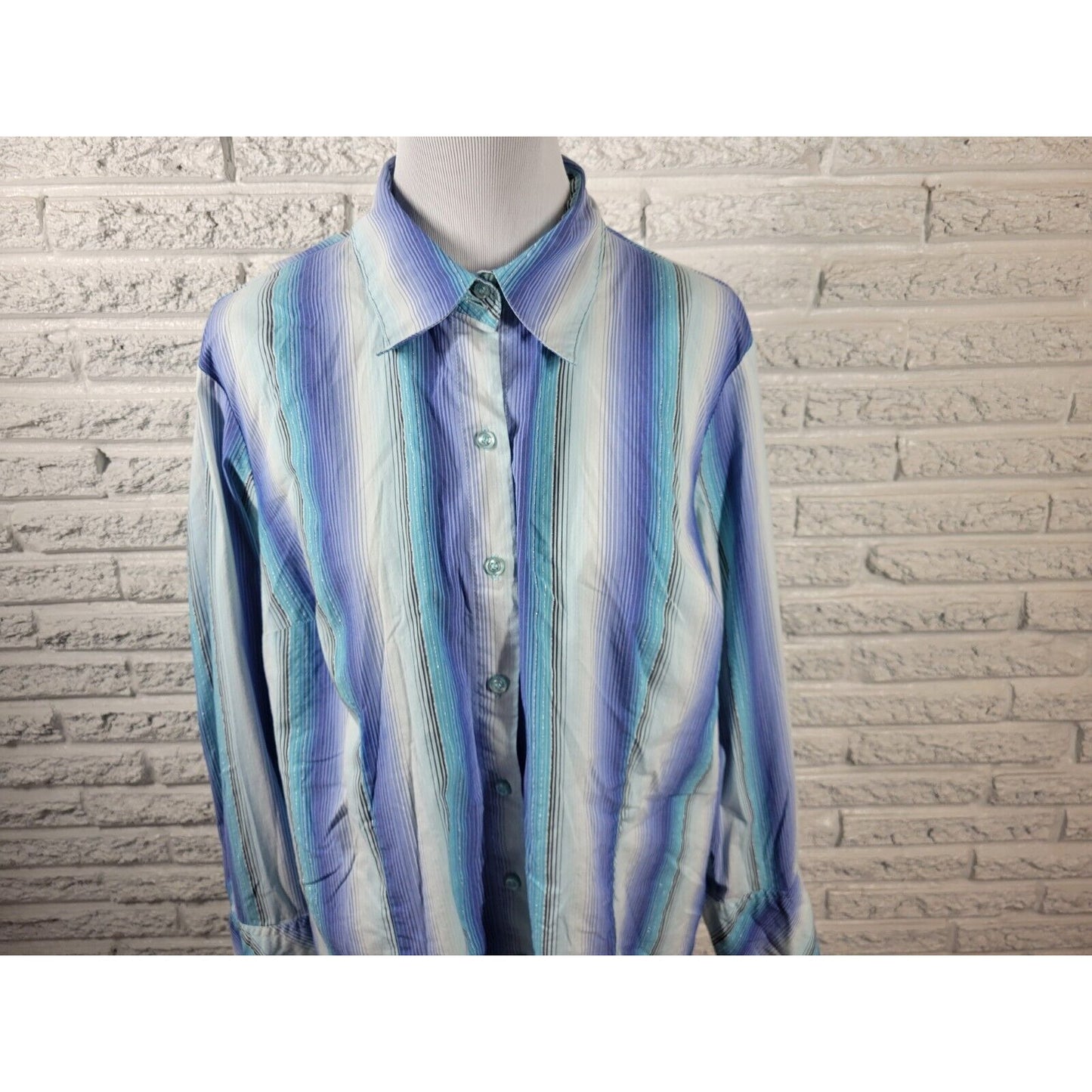 Lane Bryant Womens Top 18 20 Plus Long Sleeve Blue Stripe Office Collar Button