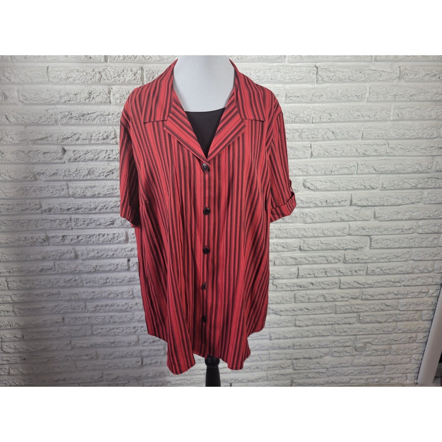 Maggie Barnes Womens Top 24W Plus Cuff Sleeve Red Stripe Collar Office Casual