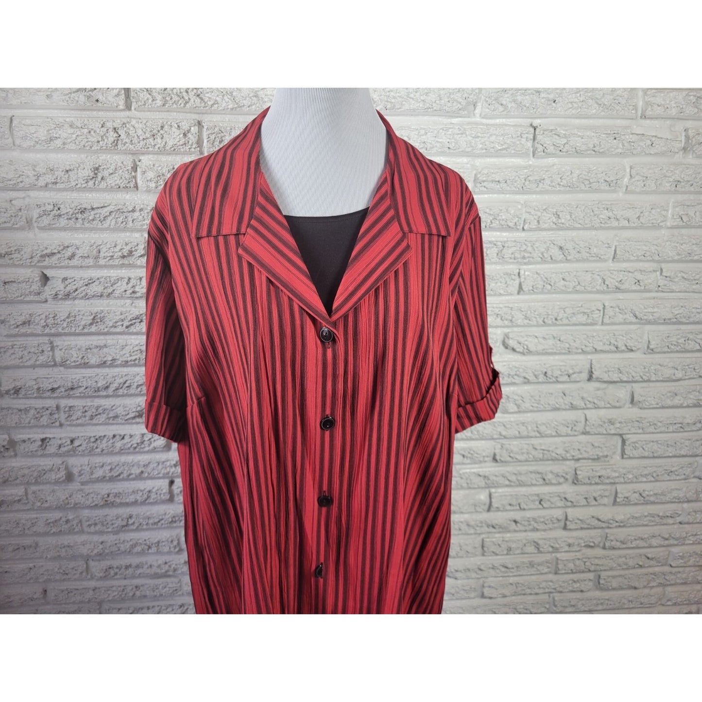 Maggie Barnes Womens Top 24W Plus Cuff Sleeve Red Stripe Collar Office Casual