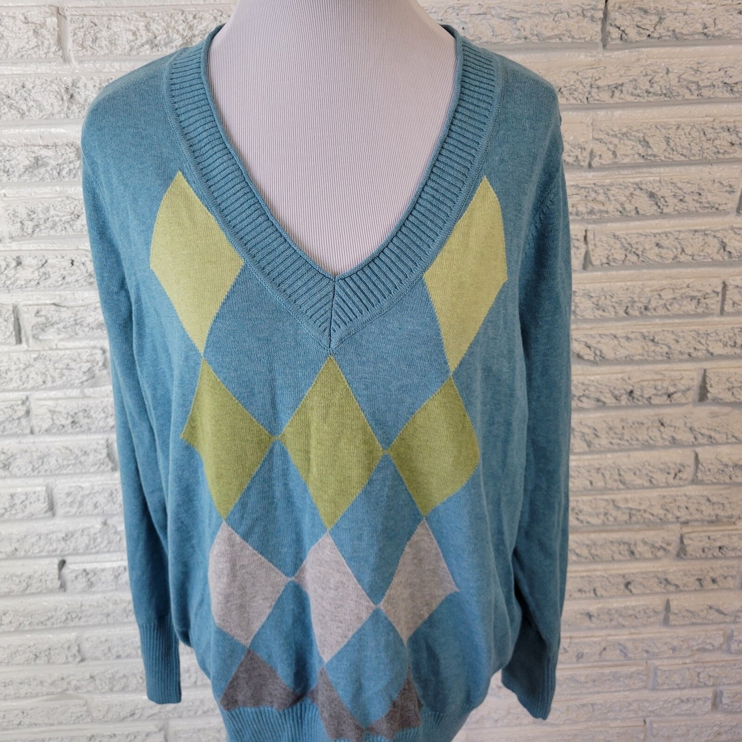 Sonoma Womens Sweater 1X Plus Long Sleeve Argyle Blue Green Cotton Pullover