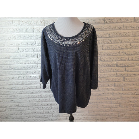 Basic Editions Womens Top 2X Plus Knit Blue Stripe Sequins Metallic Embroider