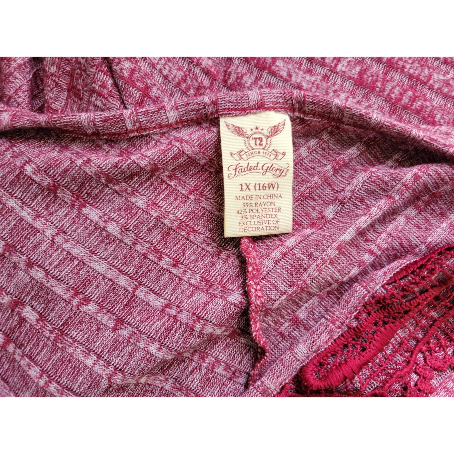 Faded Glory Womens Top 1X Plus Tunic Knit Burgundy Crochet Lightweight Casual