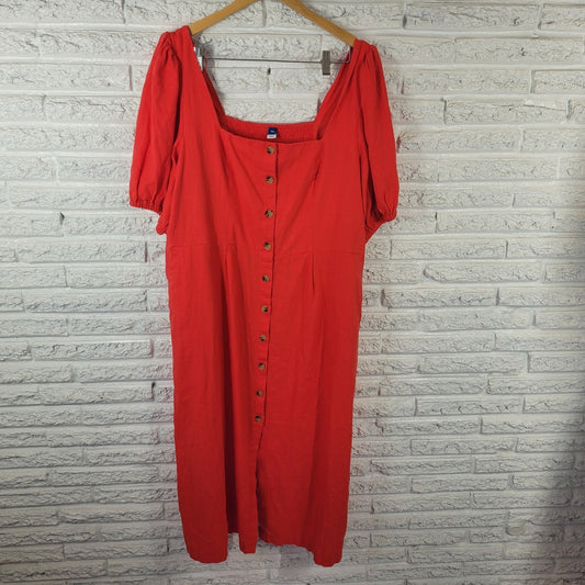 Old Navy Womens Dress XXL Plus Midi Puff Sleeve Pleated Smocked Red Linen Rayon