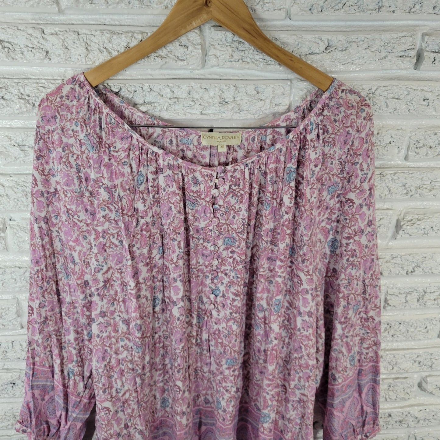 Cynthia Rowley Womens Top 3X Plus Peasant 3/4 Sleeve Pink Floral Lightweight
