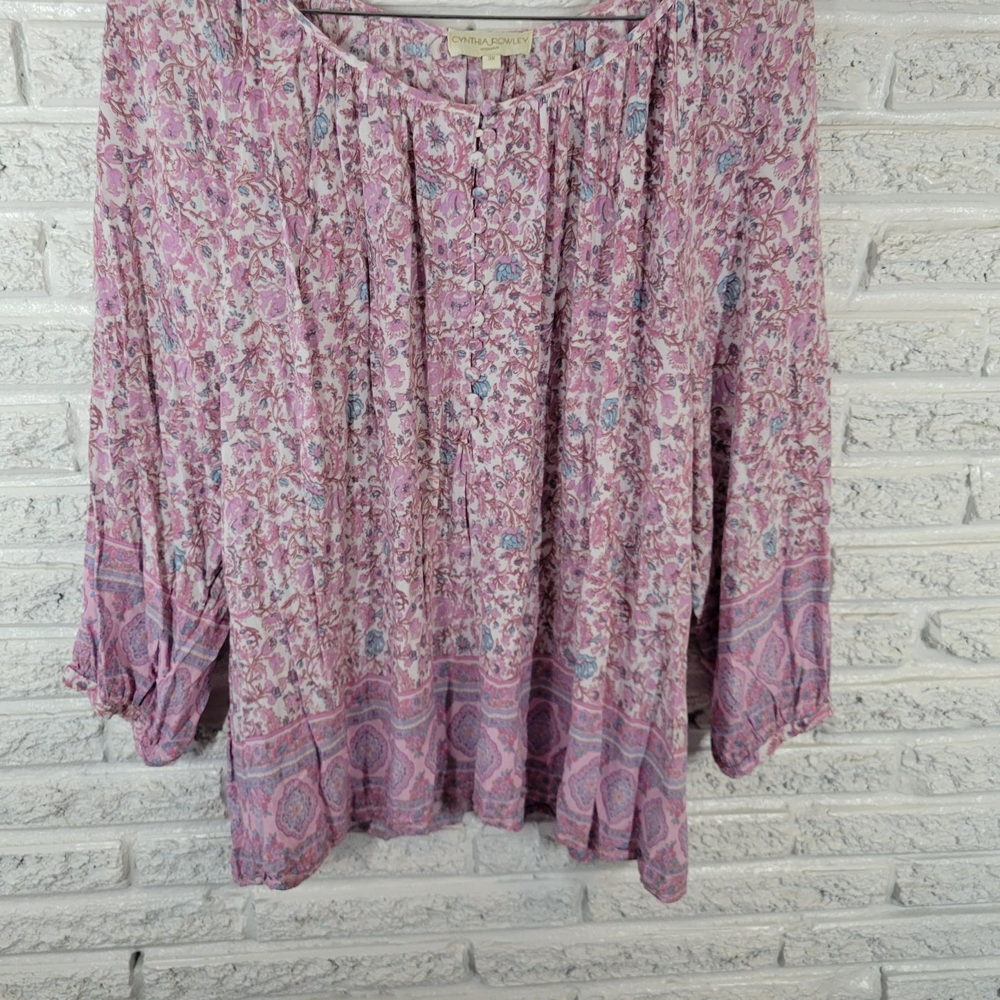 Cynthia Rowley Womens Top 3X Plus Peasant 3/4 Sleeve Pink Floral Lightweight