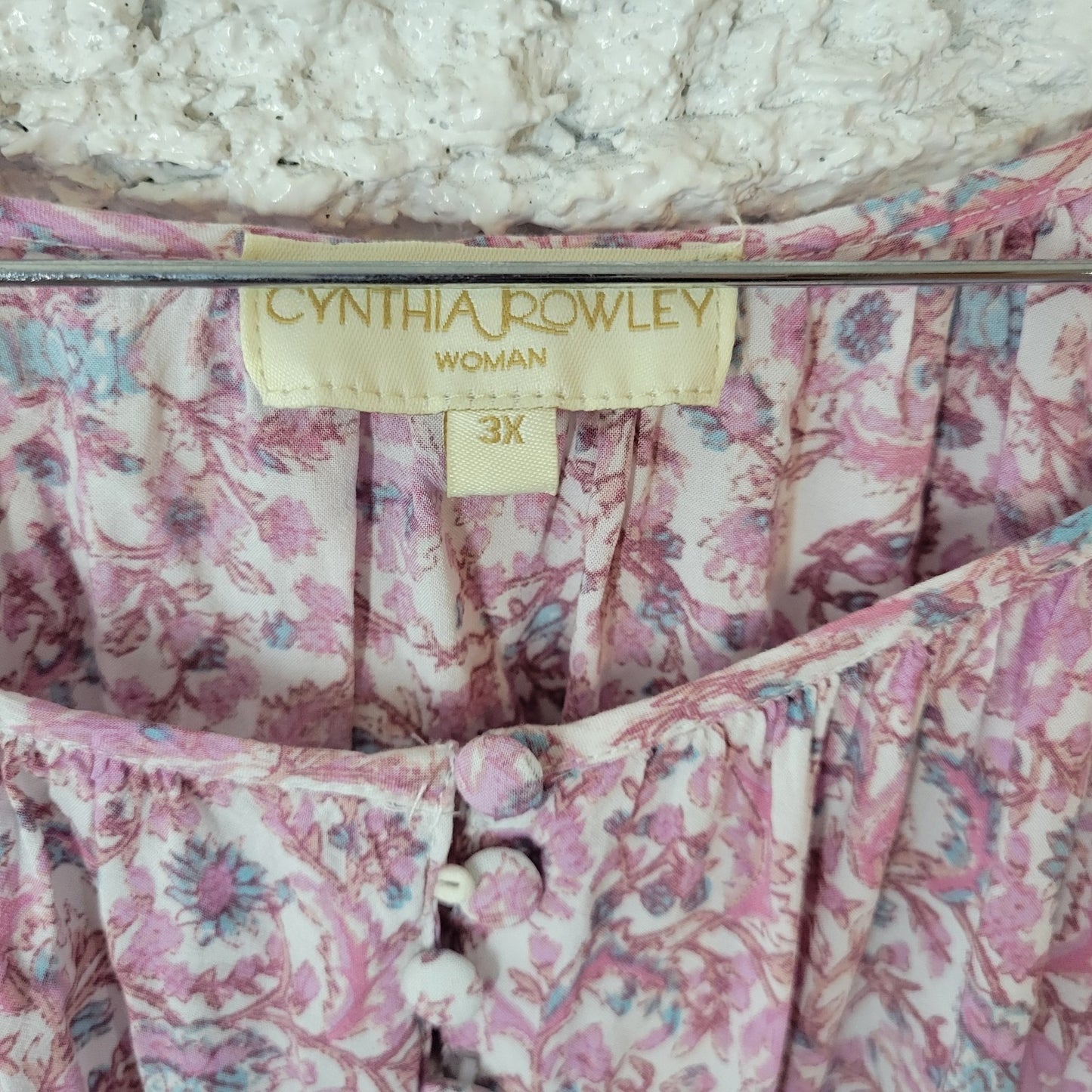 Cynthia Rowley Womens Top 3X Plus Peasant 3/4 Sleeve Pink Floral Lightweight