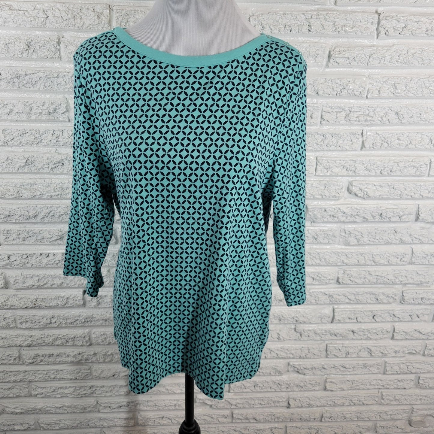 Croft Barrow Womens Top XXL Plus 3/4 Sleeve Blue Geometric Cotton Deco Buttons