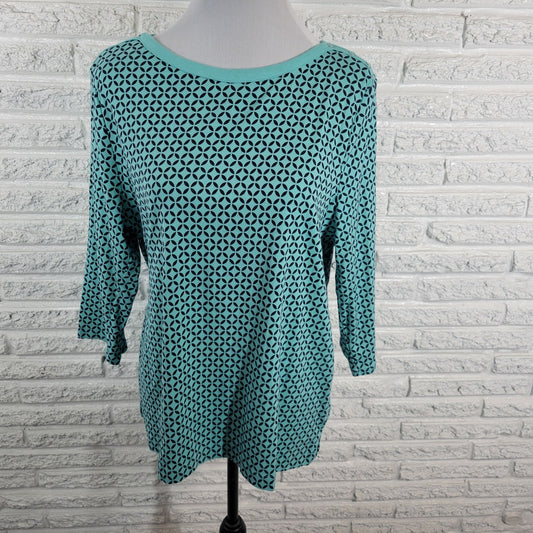 Croft Barrow Womens Top XXL Plus 3/4 Sleeve Blue Geometric Cotton Deco Buttons