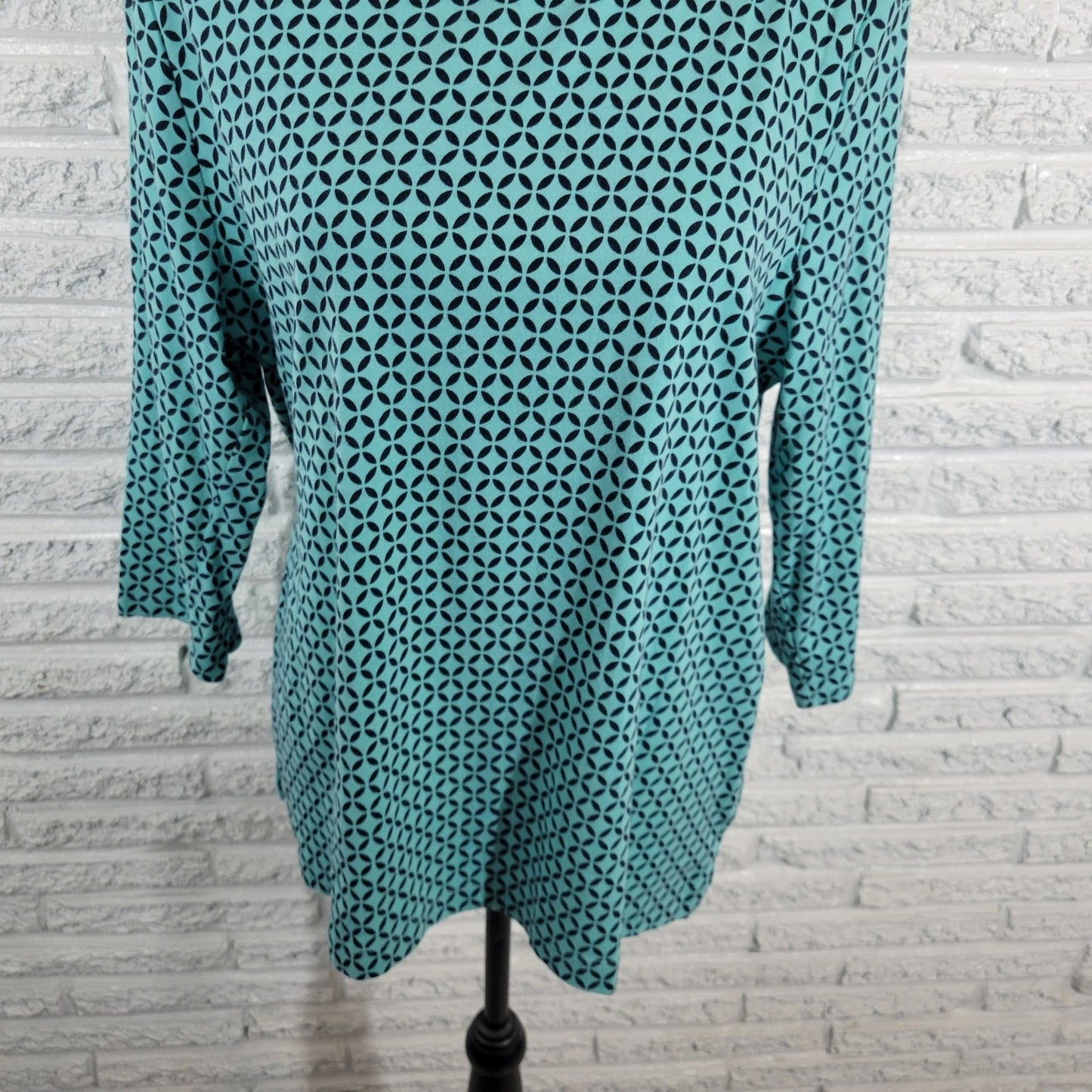 Croft Barrow Womens Top XXL Plus 3/4 Sleeve Blue Geometric Cotton Deco Buttons