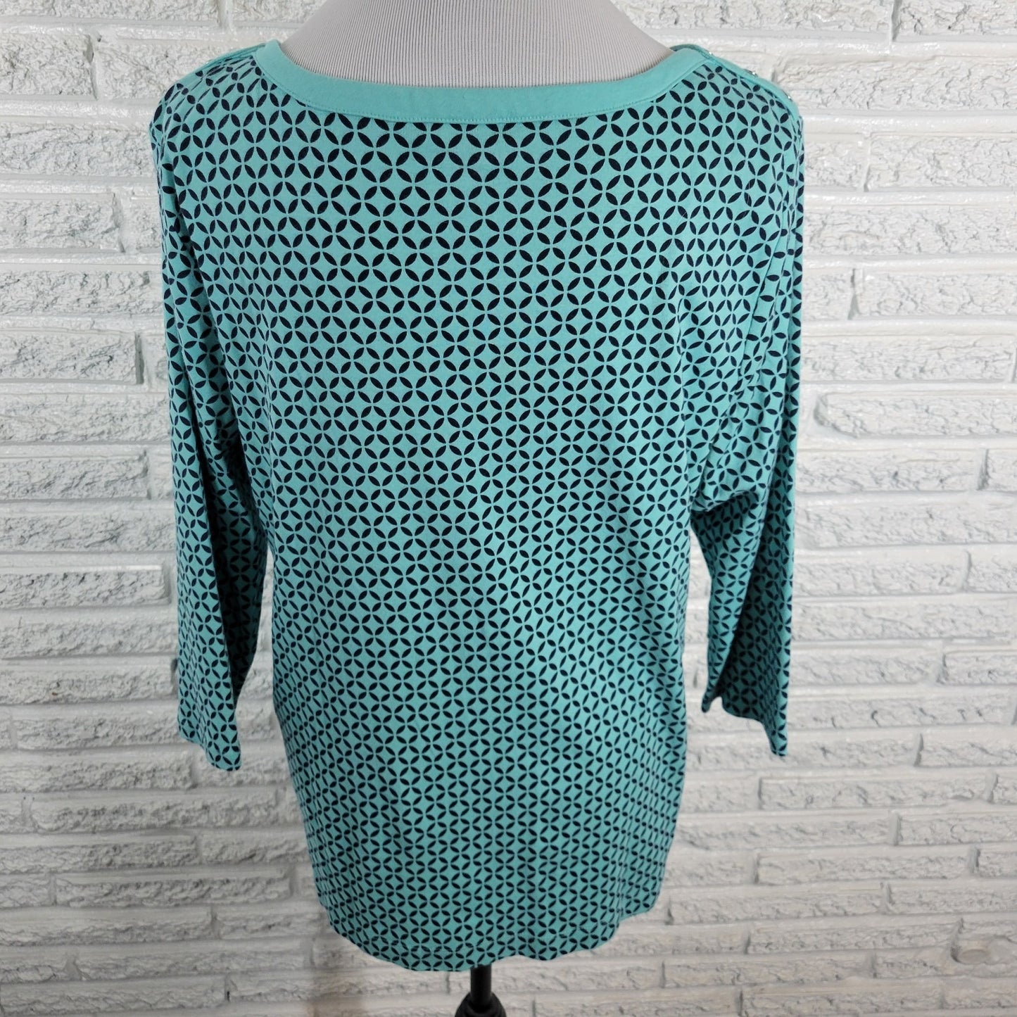 Croft Barrow Womens Top XXL Plus 3/4 Sleeve Blue Geometric Cotton Deco Buttons