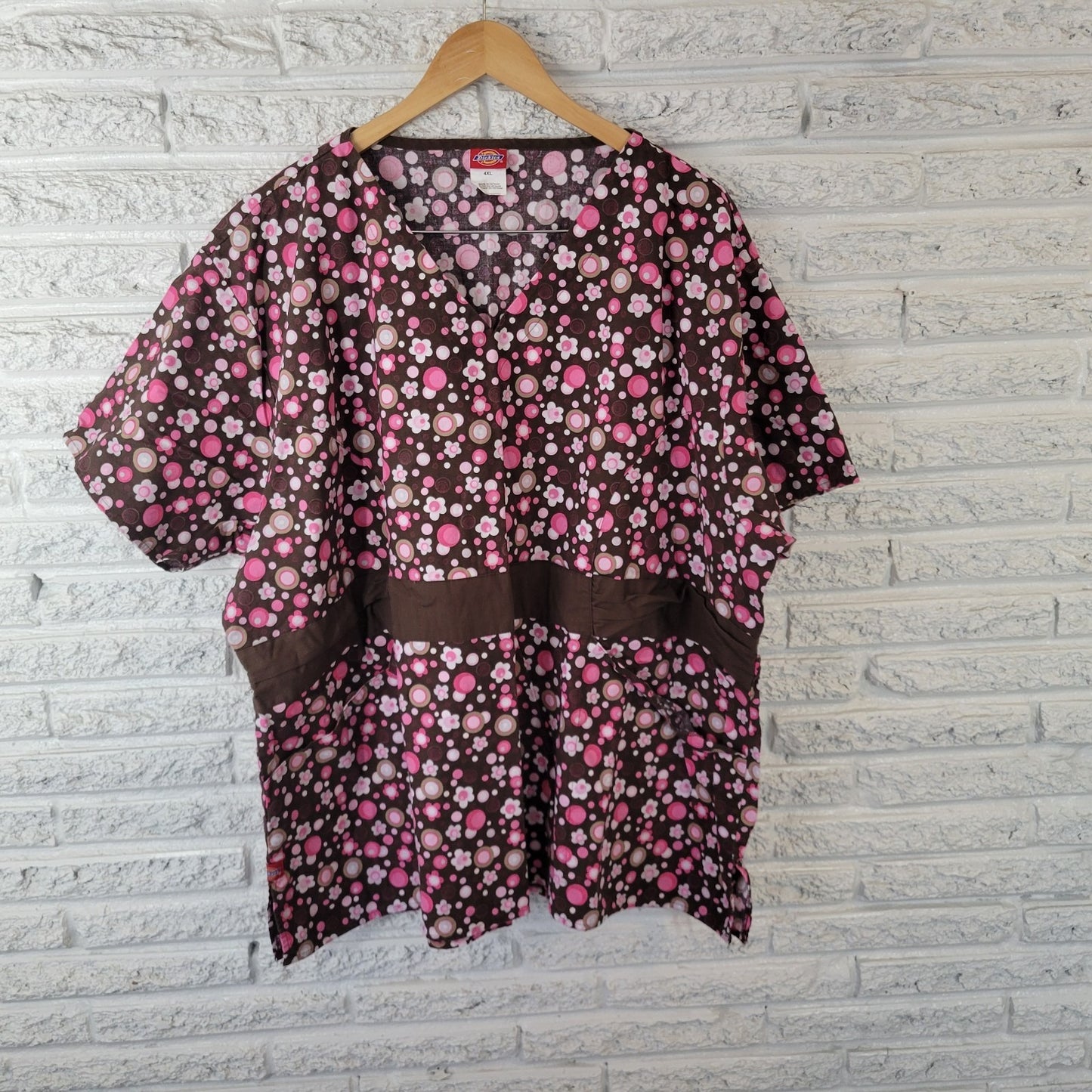 Dickies Unisex Scrub Top 4XL Plus Brown Pink Floral Cotton Pockets Medical Vet