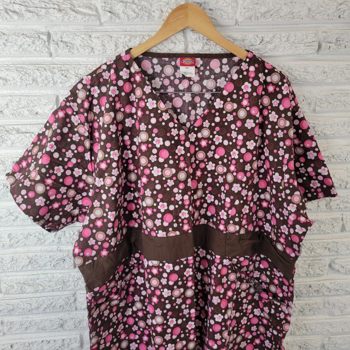 Dickies Unisex Scrub Top 4XL Plus Brown Pink Floral Cotton Pockets Medical Vet