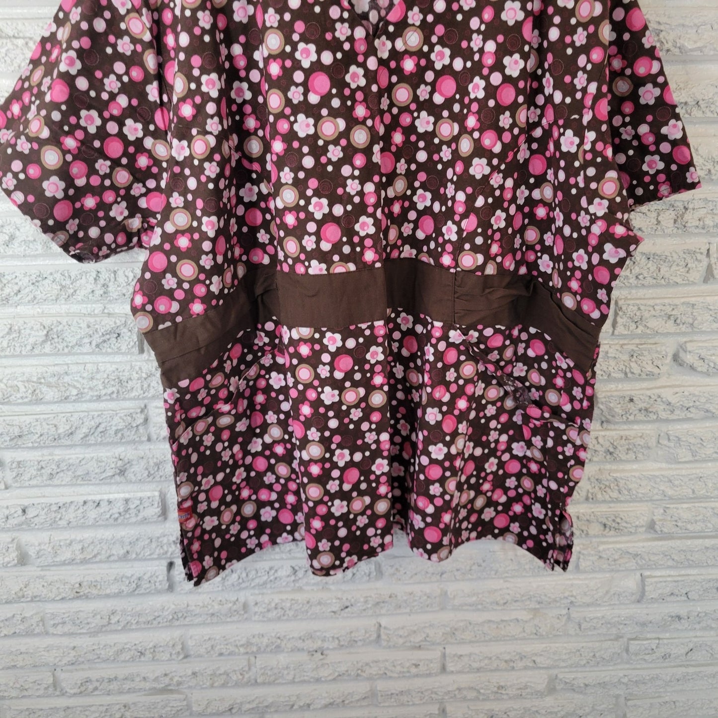 Dickies Unisex Scrub Top 4XL Plus Brown Pink Floral Cotton Pockets Medical Vet