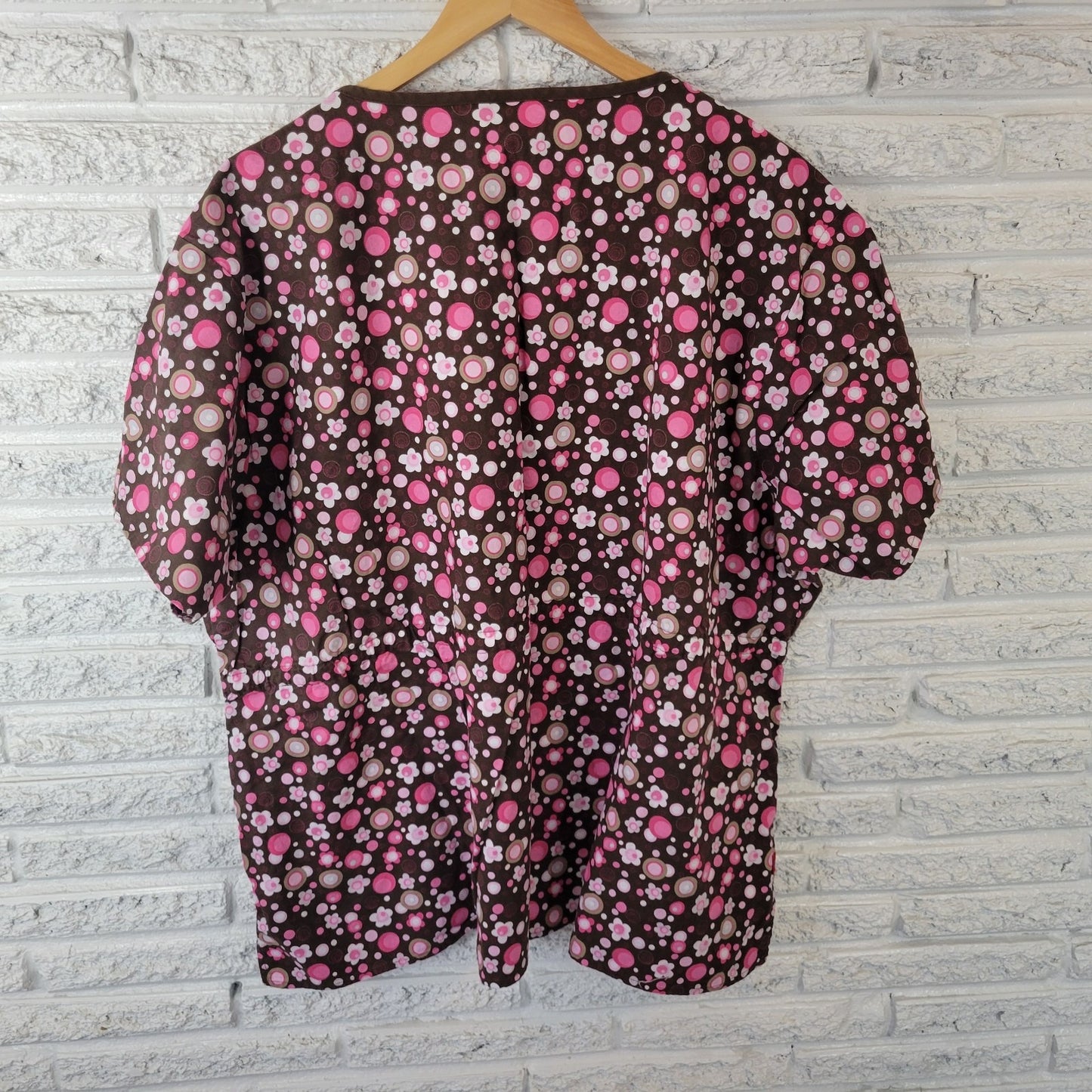 Dickies Unisex Scrub Top 4XL Plus Brown Pink Floral Cotton Pockets Medical Vet