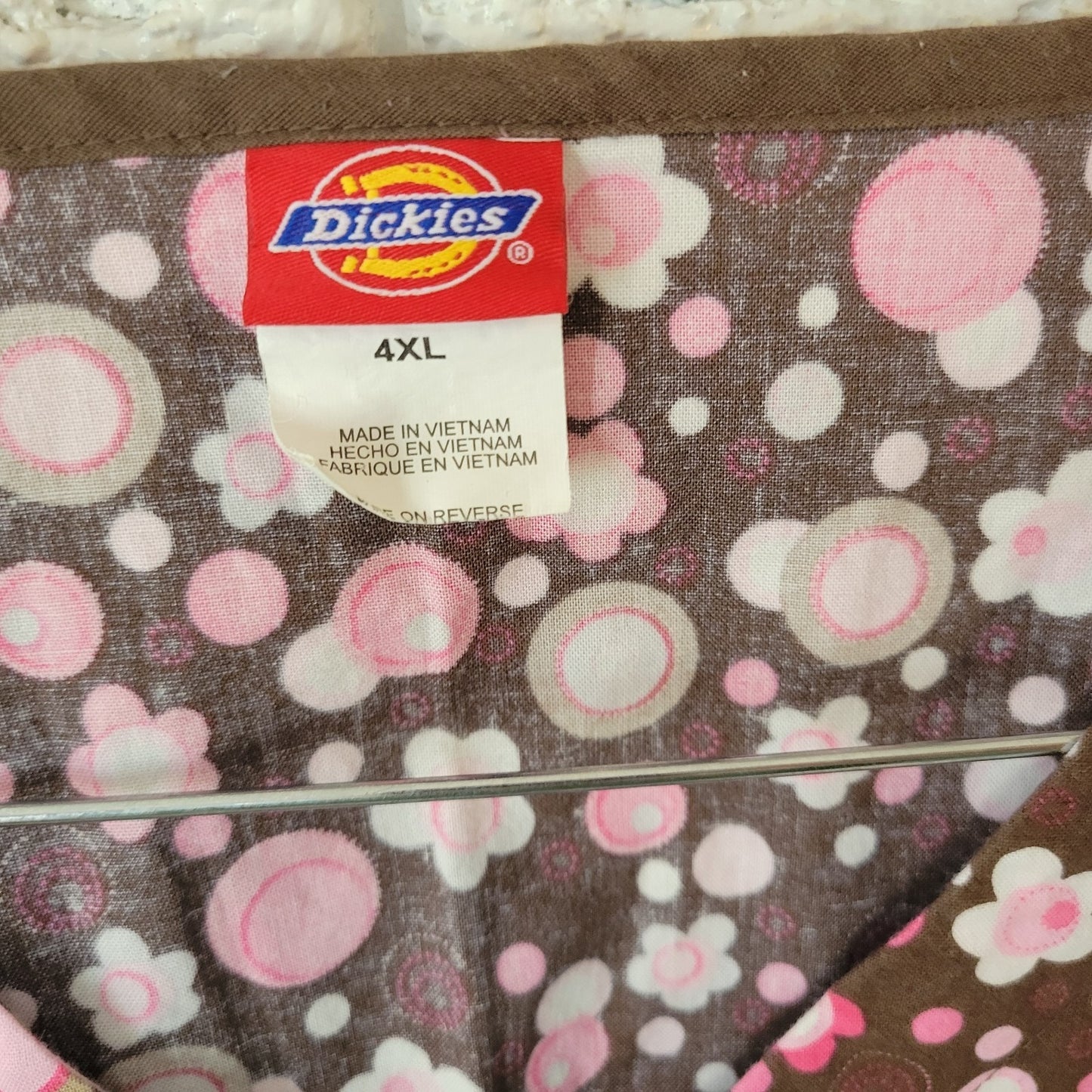 Dickies Unisex Scrub Top 4XL Plus Brown Pink Floral Cotton Pockets Medical Vet