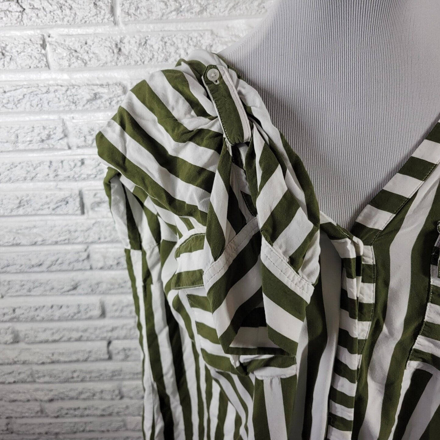 Ana Womens Top 2X Roll Tab Sleeve Rayon Green White Stripe  Lightweight Pockets