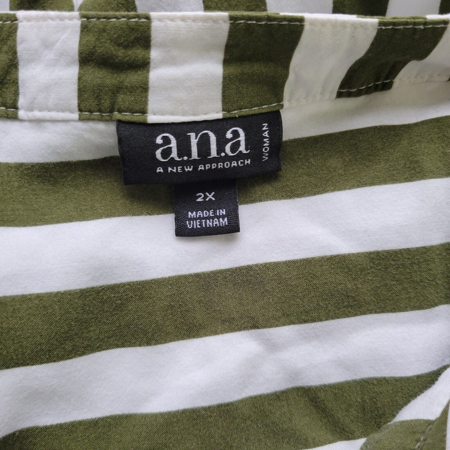 Ana Womens Top 2X Roll Tab Sleeve Rayon Green White Stripe  Lightweight Pockets
