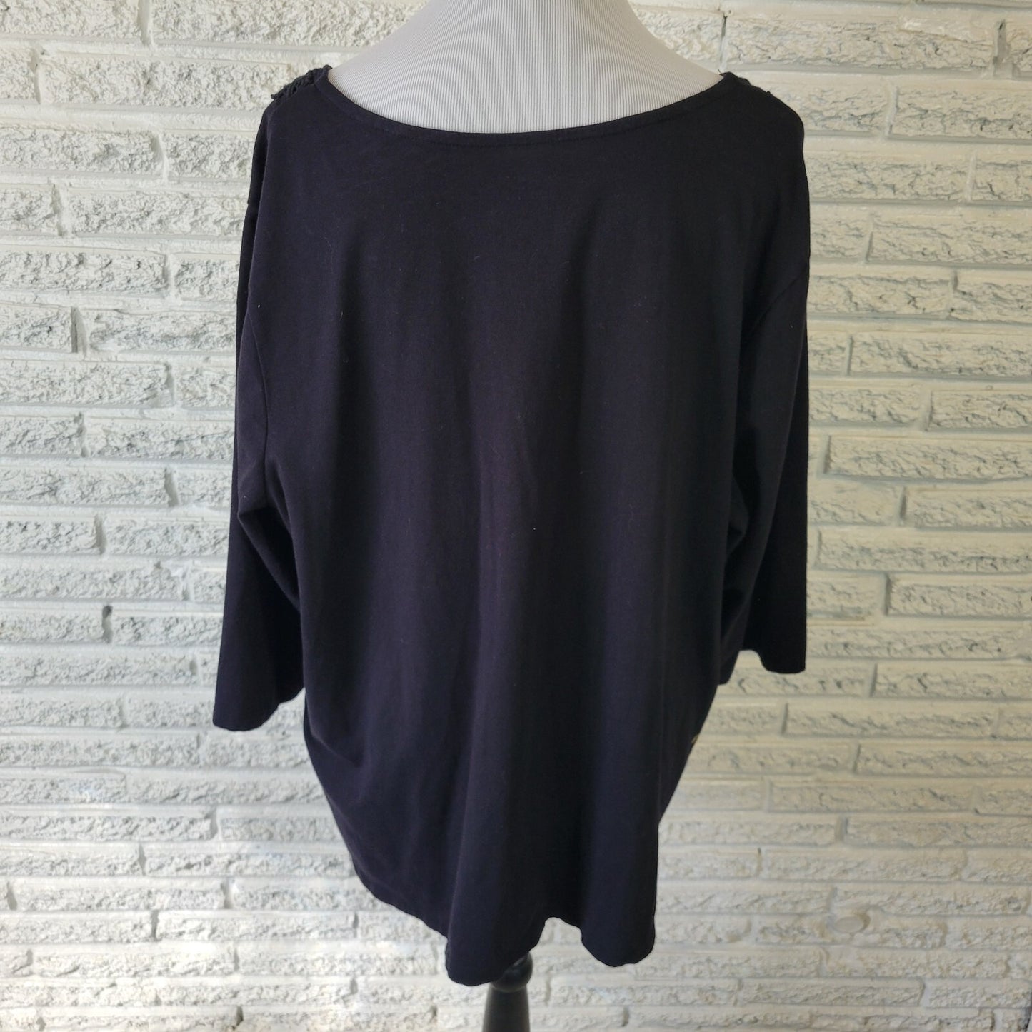 Catherines Womens Top 2X Plus 3/4 Sleeve Black Cotton Blend Lace Trim Comfy