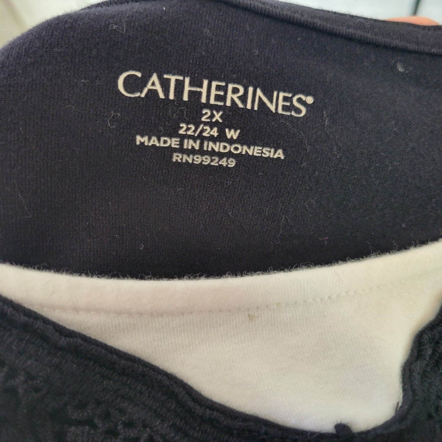 Catherines Womens Top 2X Plus 3/4 Sleeve Black Cotton Blend Lace Trim Comfy