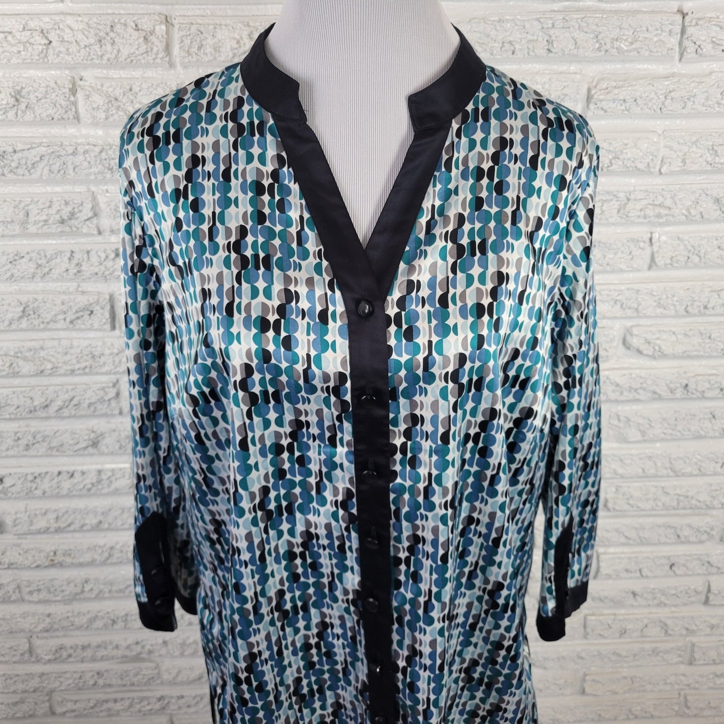 JM Collection Womens Top 16W Plus 3/4 Sleeve Blue Geometric Circles Poly Blend