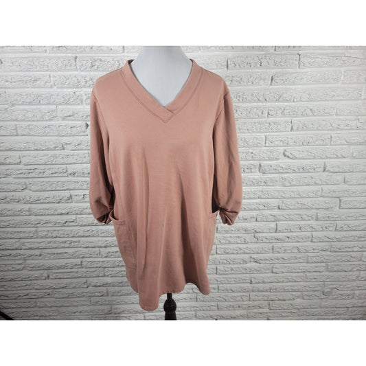 Susan Graver Womens Sweatshirt 1X Plus Ruched 3/4 Sleeve Mocha Brown Pockets