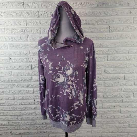 Womens Top Extra Large XL Tee Hoodie Lavender Floral Pockets Casual Poly Blend
