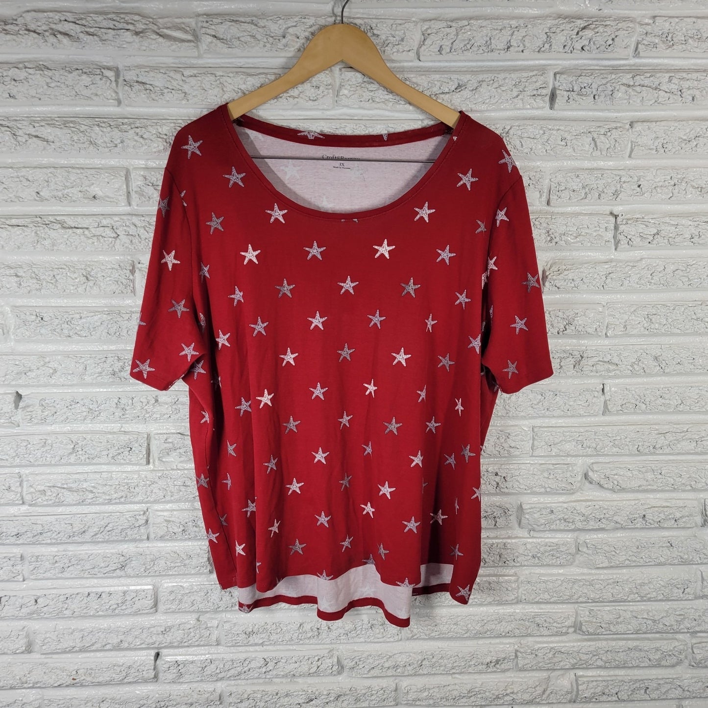 Croft Barrow Women Top 3X Plus Tee Short Sleeve Red Starfish Cotton Casual Comfy