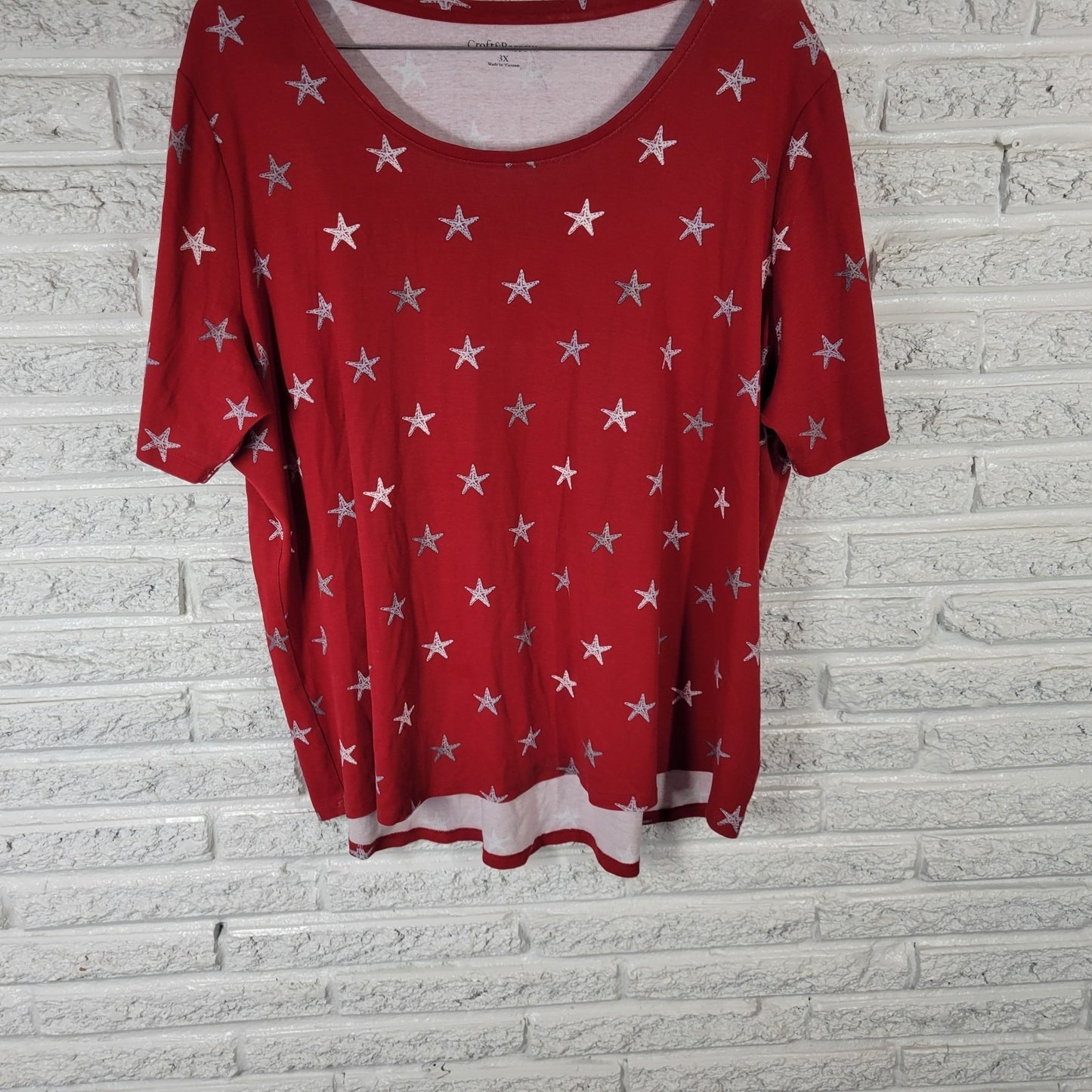Croft Barrow Women Top 3X Plus Tee Short Sleeve Red Starfish Cotton Casual Comfy