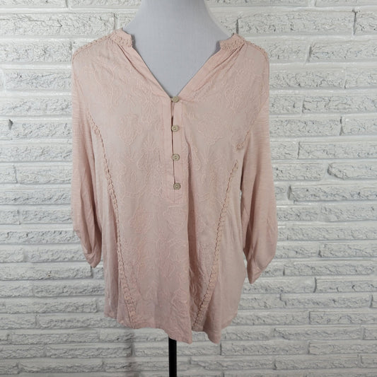 Democracy Womens Top XL Roll Tab 3/4 Sleeve Pink Embroidered Ric Rac Lightweight