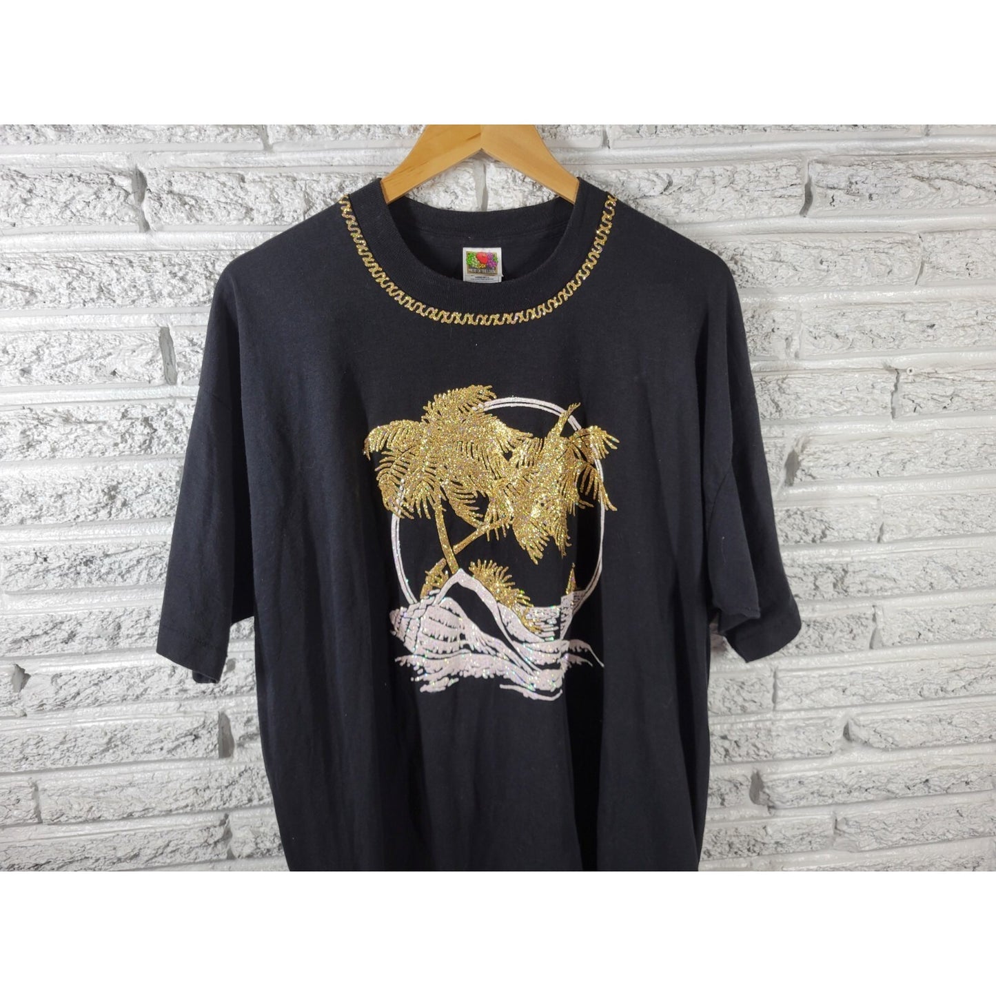 Fruit of Loom Womens Top XXL Tee Short Sleeve Tropical Black Gold Glitter Paint