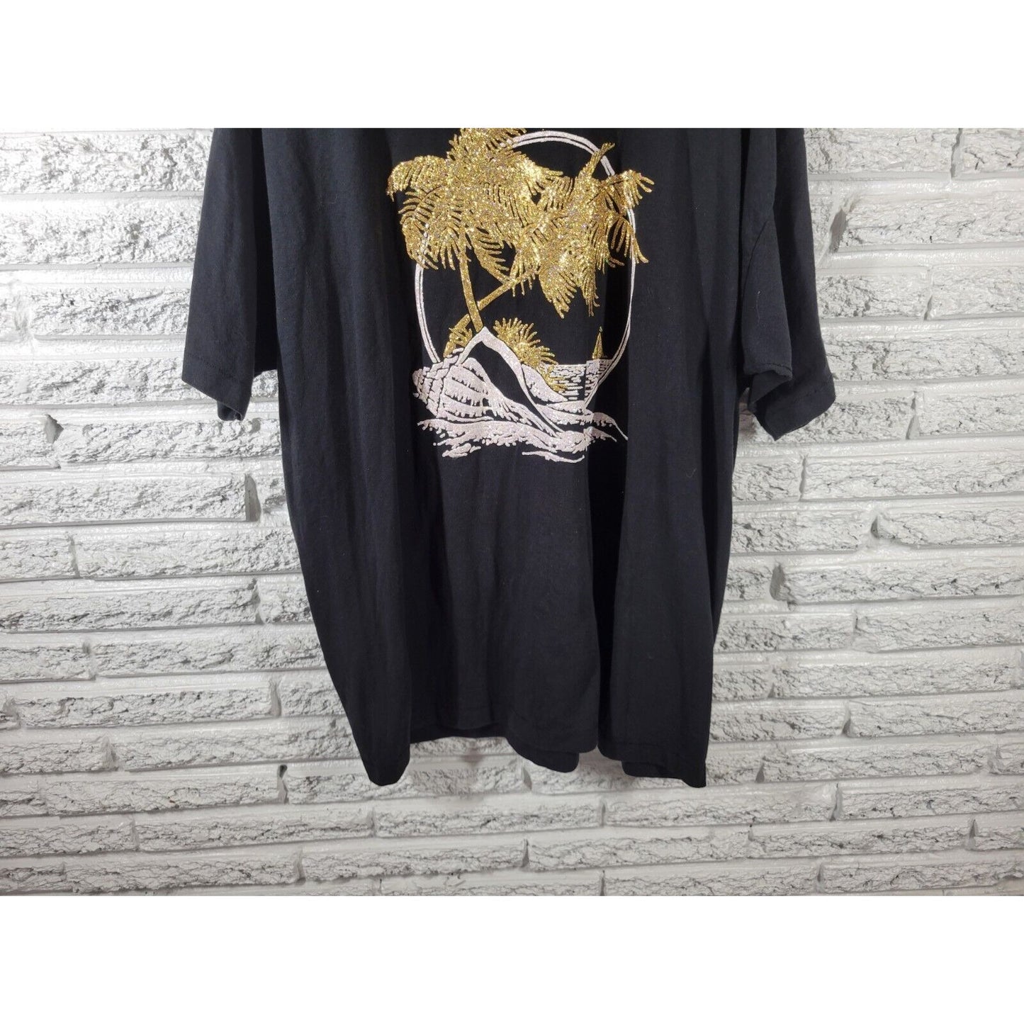 Fruit of Loom Womens Top XXL Tee Short Sleeve Tropical Black Gold Glitter Paint