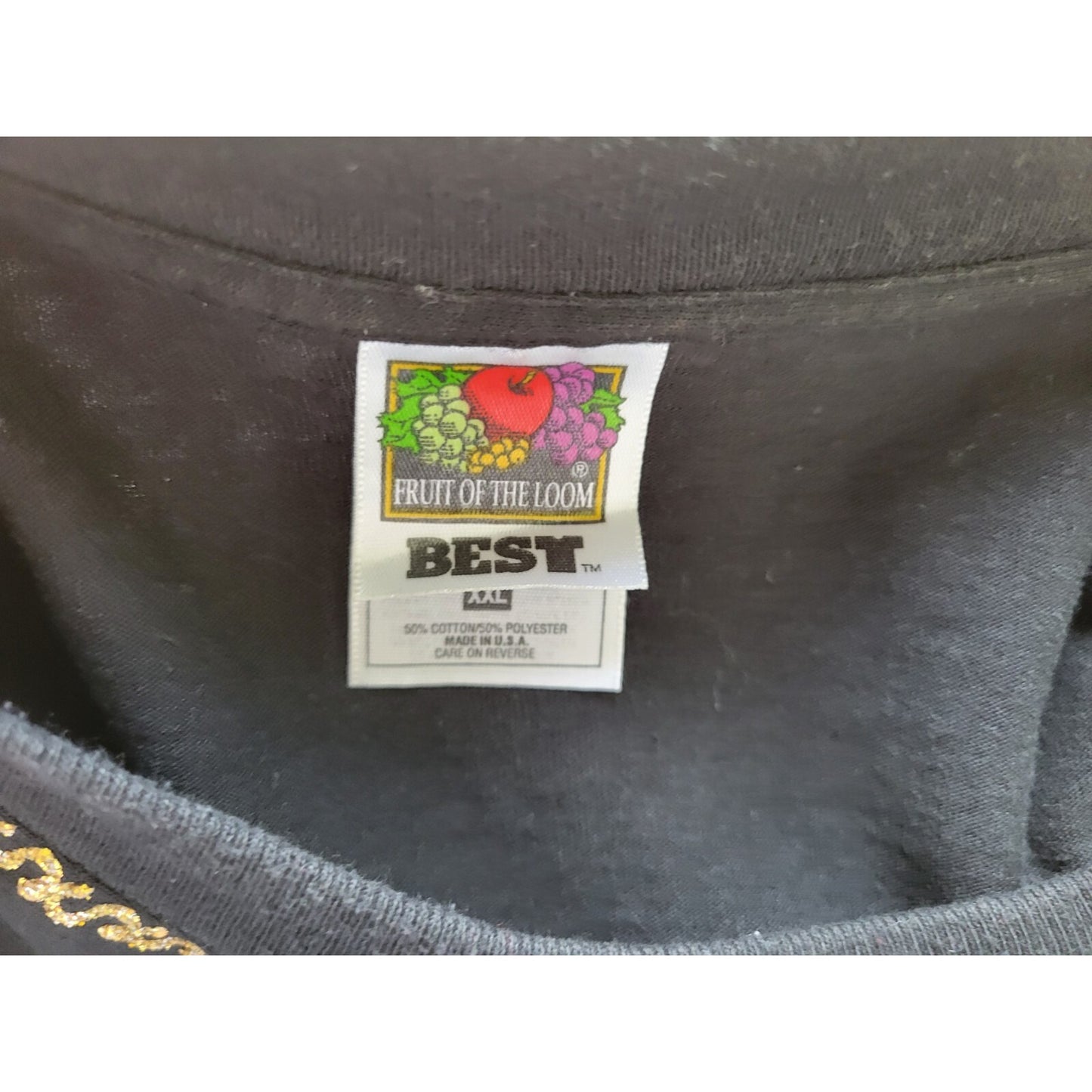 Fruit of Loom Womens Top XXL Tee Short Sleeve Tropical Black Gold Glitter Paint