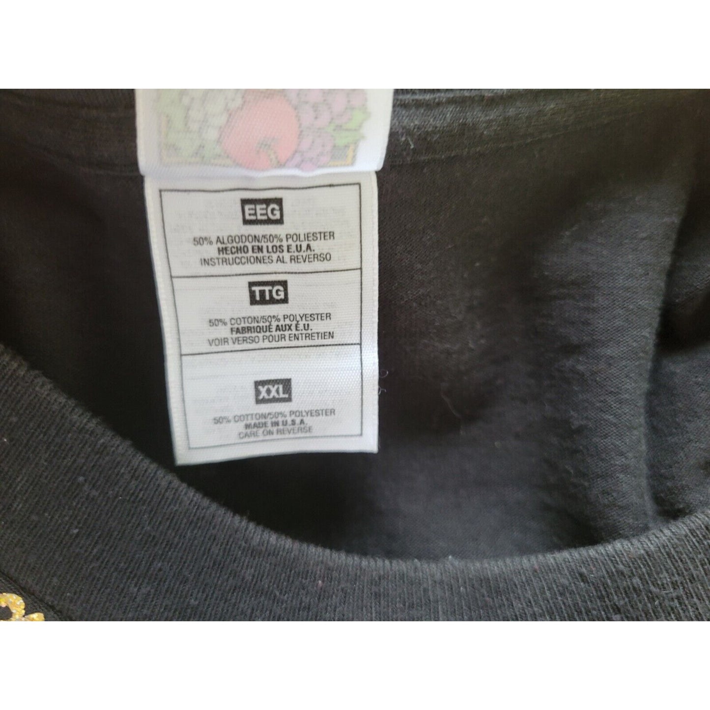 Fruit of Loom Womens Top XXL Tee Short Sleeve Tropical Black Gold Glitter Paint