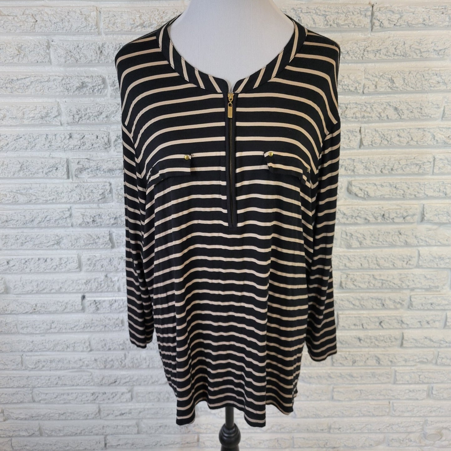 Rebecca Malone 2X Plus Size Top Striped Black Beige Zip Front 3/4 Sleeve Blouse