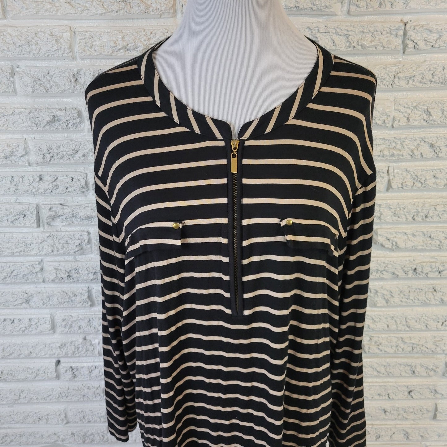 Rebecca Malone 2X Plus Size Top Striped Black Beige Zip Front 3/4 Sleeve Blouse