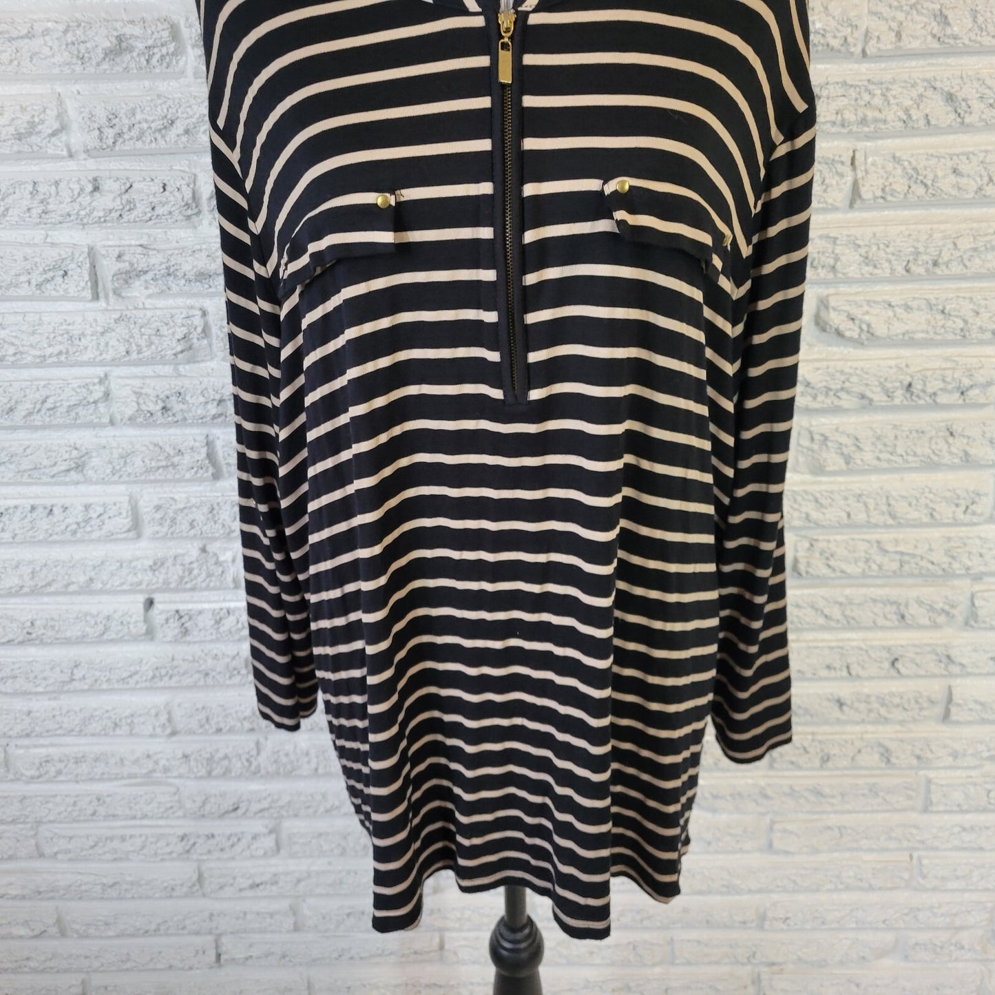 Rebecca Malone 2X Plus Size Top Striped Black Beige Zip Front 3/4 Sleeve Blouse
