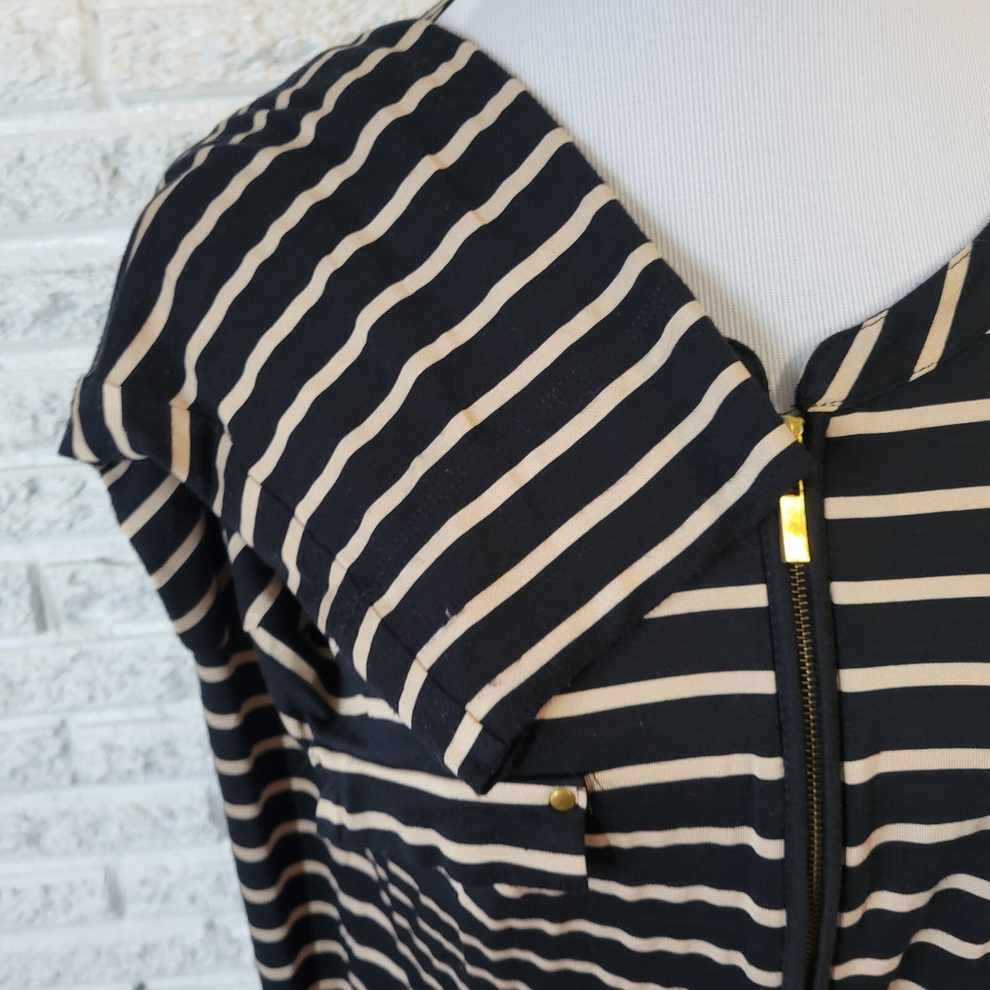 Rebecca Malone 2X Plus Size Top Striped Black Beige Zip Front 3/4 Sleeve Blouse