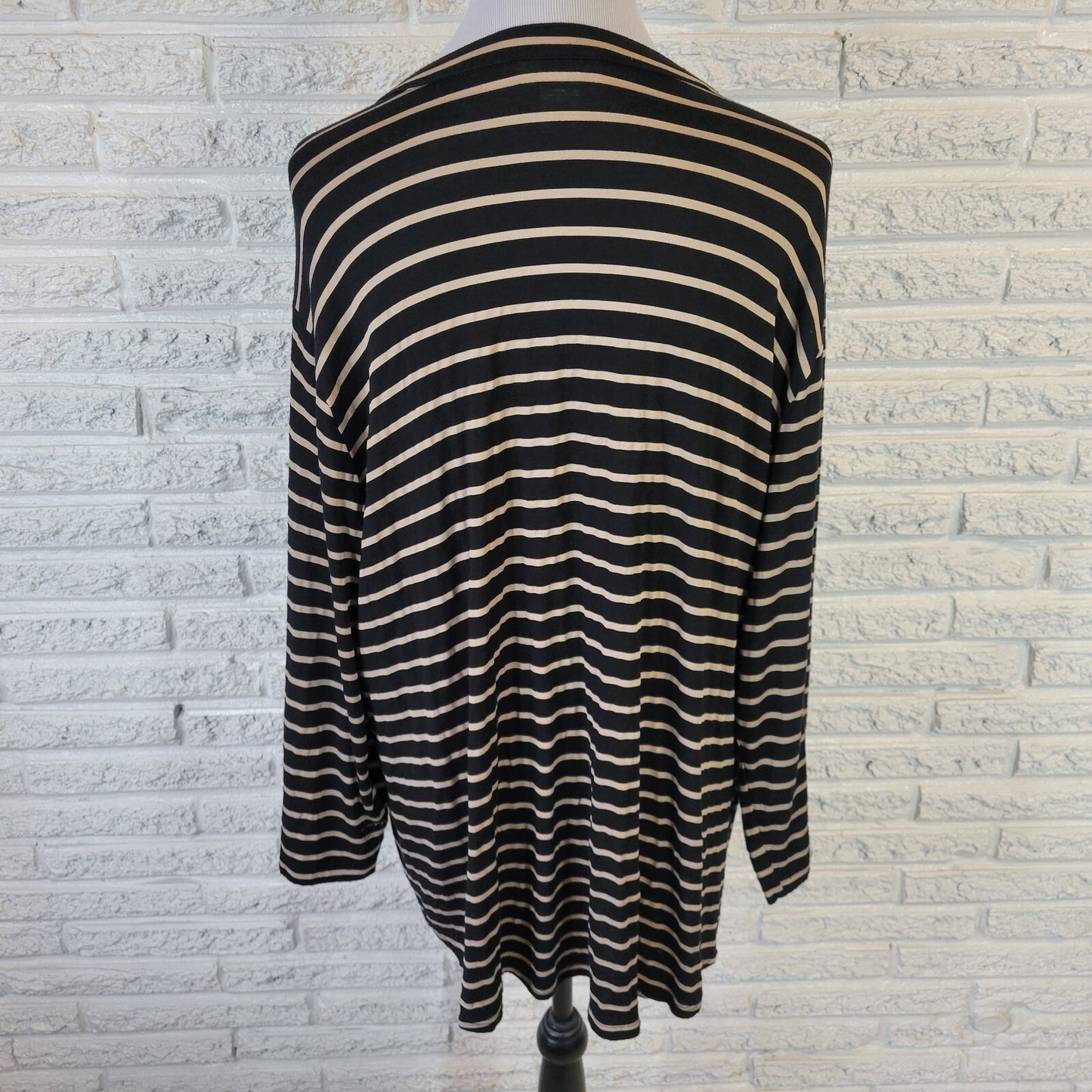 Rebecca Malone 2X Plus Size Top Striped Black Beige Zip Front 3/4 Sleeve Blouse