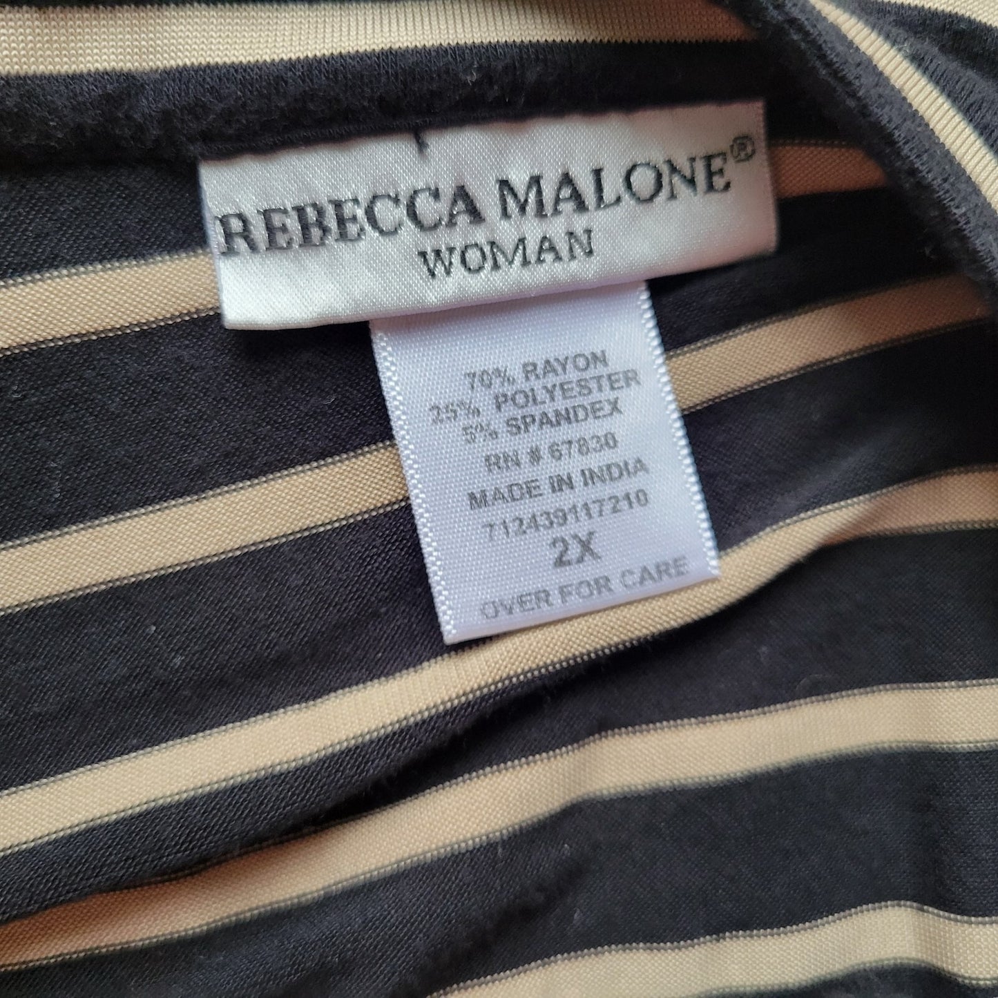 Rebecca Malone 2X Plus Size Top Striped Black Beige Zip Front 3/4 Sleeve Blouse