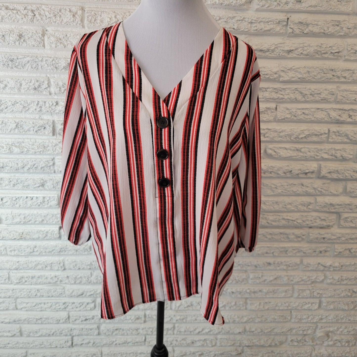 Cato Est 1946 Womens Top XL Knit 3/4 Sleeve Quarter Button Pink Black Stripe