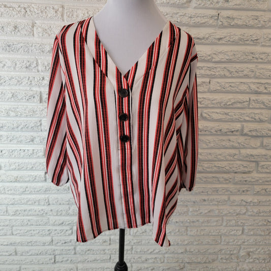 Cato Est 1946 Womens Top XL Knit 3/4 Sleeve Quarter Button Pink Black Stripe