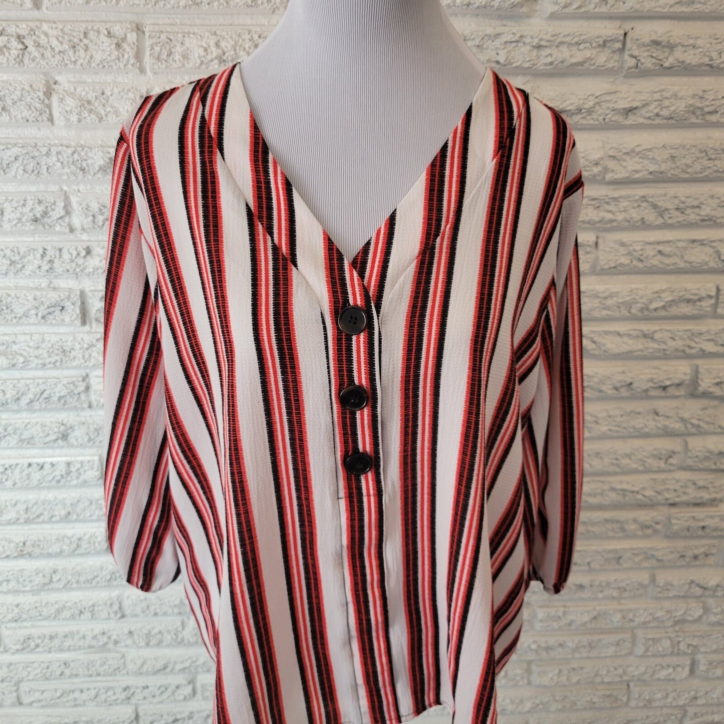 Cato Est 1946 Womens Top XL Knit 3/4 Sleeve Quarter Button Pink Black Stripe