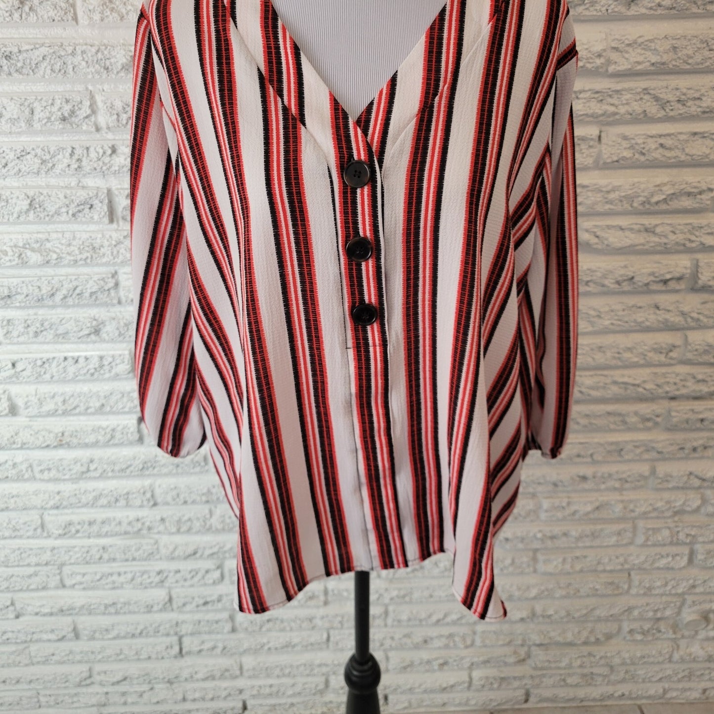 Cato Est 1946 Womens Top XL Knit 3/4 Sleeve Quarter Button Pink Black Stripe