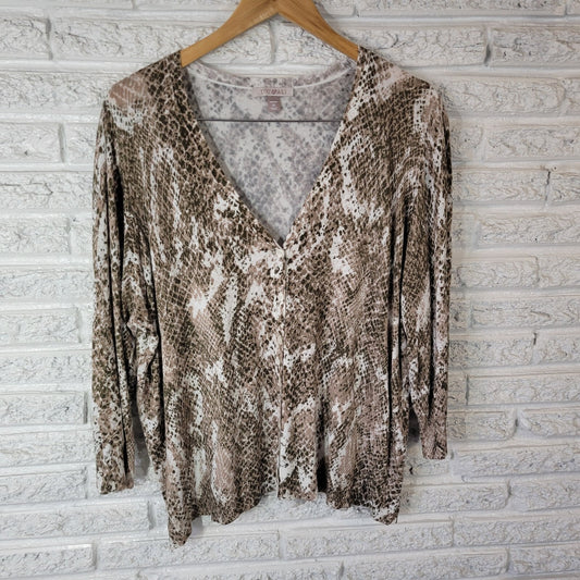 Roz Ali Womens Top 3X Plus Cardigan Button Up 3/4 Sleeve Tan Animal Lightweight