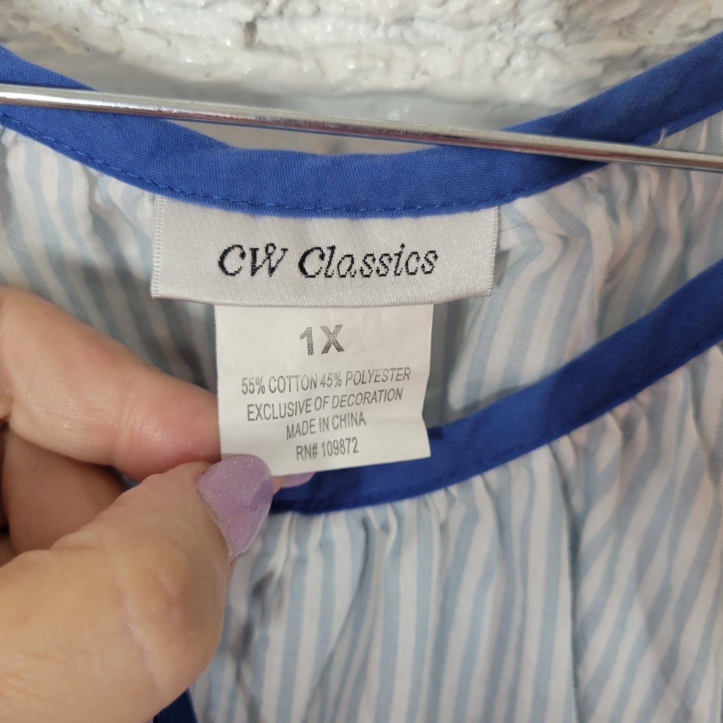 CW Classics Womens Dress 1X Plus House Loungewear Blue Stripe Lightweight Pocket