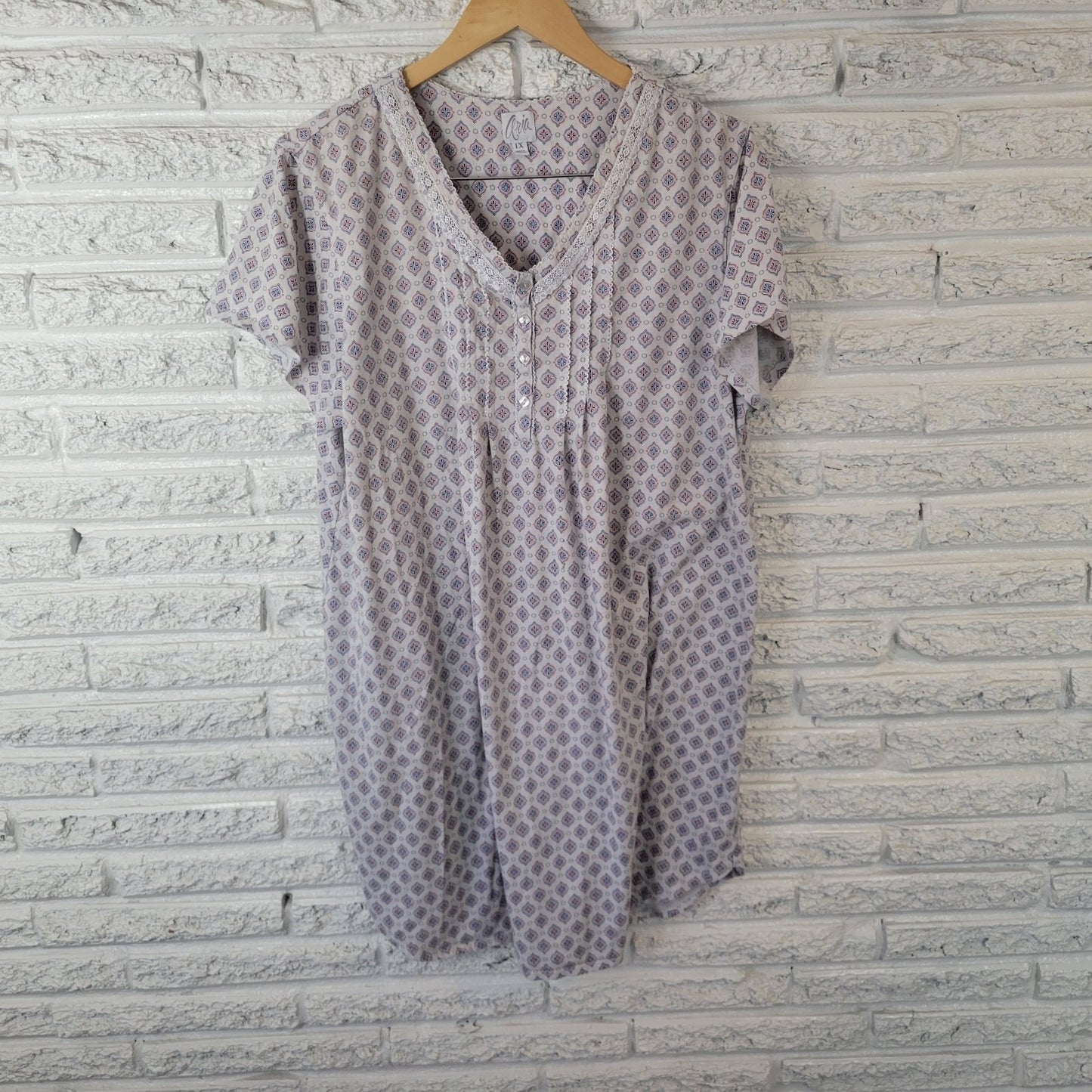 Aria Women's 1X Plus Nightgown Blue Geometric Lace Trim V-Neck Cotton Blend Gown